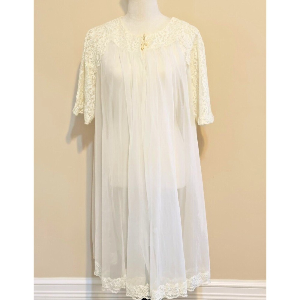 Sz M Medium Shadowline Nightgown Robe Flower Lace Peignoir Gown Vintage Ivory